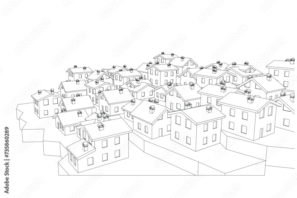 Vector illustration of sketched 3d cottages or a cottage district, aerial view