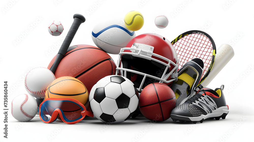 Assorted Sports Equipment and Balls on white background Assorted Sports Equipment and Balls on white background