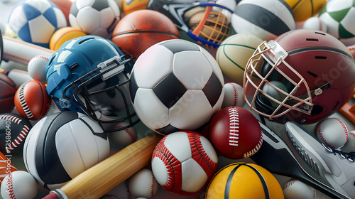 Assorted Sports Equipment and Balls on white background