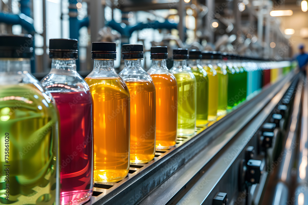 Beverage factory, Conveyor belt with juice in bottles, Drink factory production line fruit juice beverage product at conveyor belt. AI generative Beverage factory, Conveyor belt with juice in bottles, Drink factory production line fruit juice beverage product at conveyor belt. AI generative