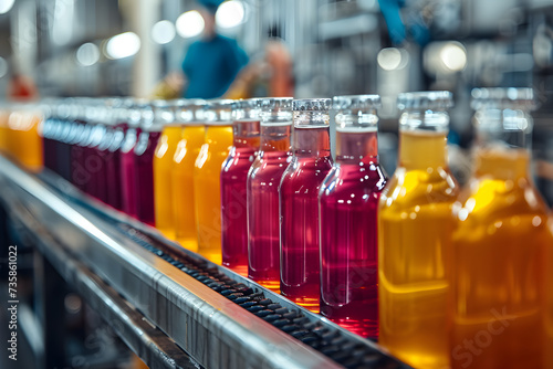 Beverage factory, Conveyor belt with juice in bottles, Drink factory production line fruit juice beverage product at conveyor belt. AI generative
