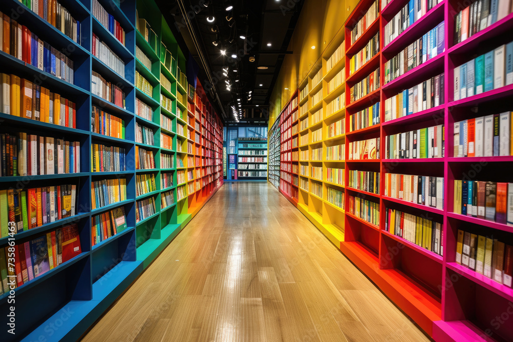 large bookshelves in a bookstore with books in colorful rainbow covers, a corridor in a library, knowledge in textbooks,