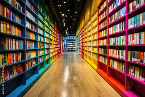 large bookshelves in a bookstore with books in colorful rainbow covers, a corridor in a library, knowledge in textbooks, photo