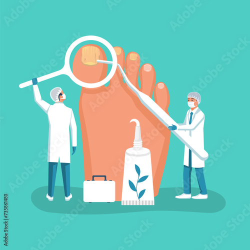 Nail disease. Onychomycosis concept. Fungal nails infection. Doctors exam and treat psoriasis. Paronychia, inflammation of skin around toenail. Doctor dermatologist analyzes fungal disease. Vector. photo