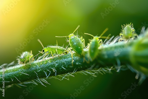 Aphid Insects, Greenfly On Plant, Small Garden Parasite Animals, Aphids Pest Colony Closeup photo