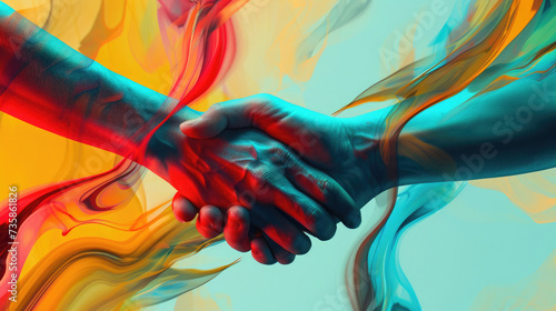 close-up of a handshake, hands on an abstract background with smoky waves, smooth color strokes