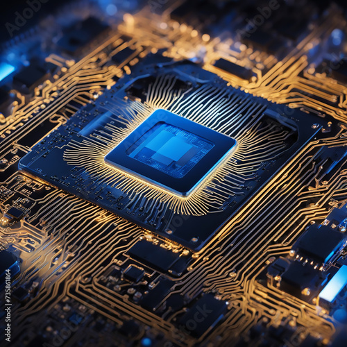 Electronics, glowing microchip close-up