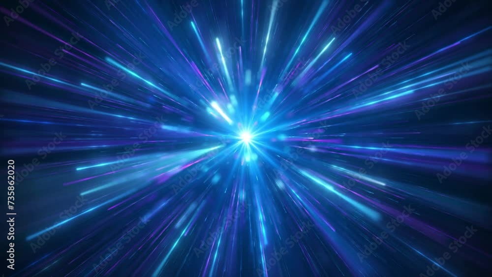 A bright neon hyperspeed jump to another universe with speeding light trails. Streams of blue light rays, flight through hyperspeed space tunnel.