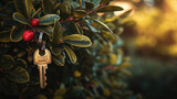 a metal key hangs on a tree branch among leaves and barberries