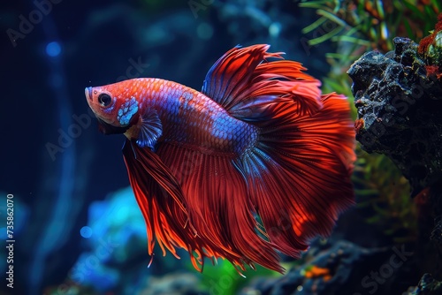 Red Siamese Fighting Fish, Rosetail Halfmoon Aquarium Pet, White Betta Splendens in Fish Tank