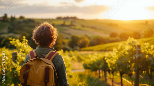Explorer with backpack enjoying the sunset in vineyards.