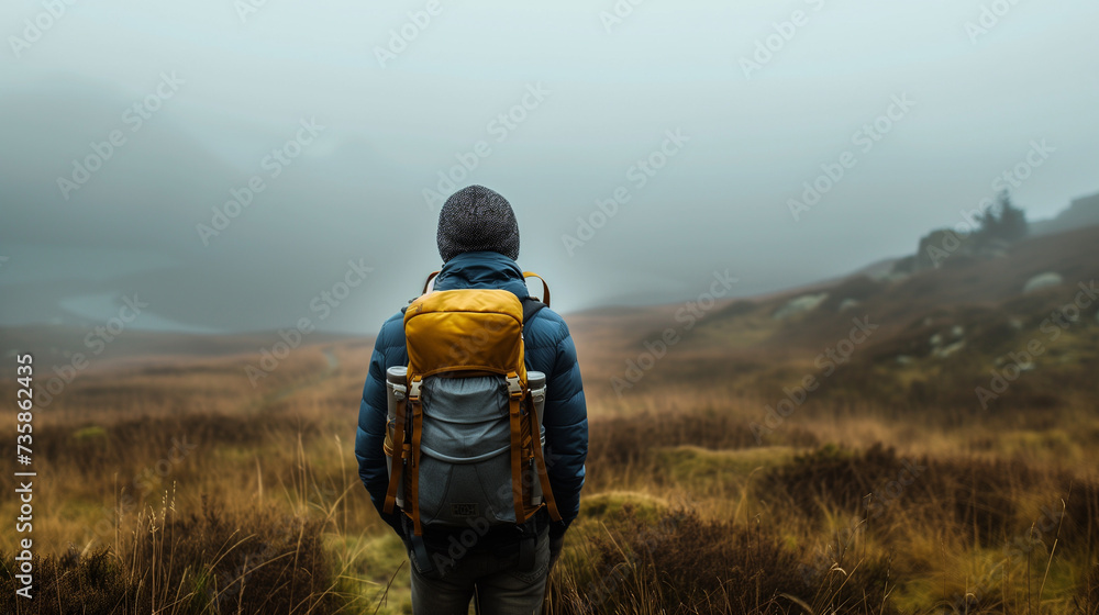 Traveler overlooking a misty valley. Traveler overlooking a misty valley.