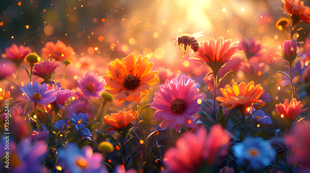 Fototapeta premium a bee flying over colored flowers