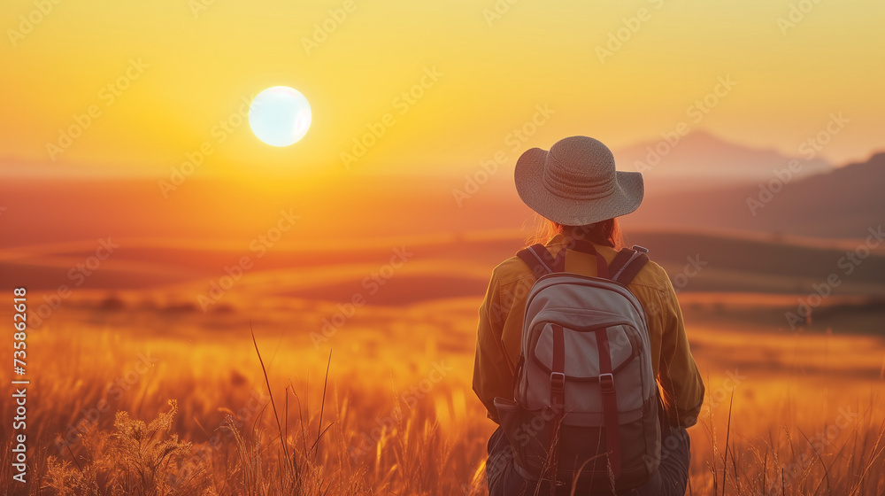Adventurer facing the setting sun in the wilderness.