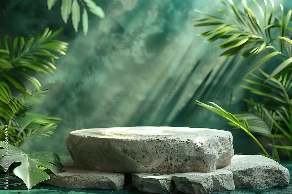 Cosmetic product pedestal mockup with tropical leaves and stone platform background. Cosmetic product pedestal mockup with tropical leaves and stone platform background.