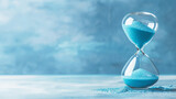 Hourglass on on blue background. Time passing, countdown and urgency concept.