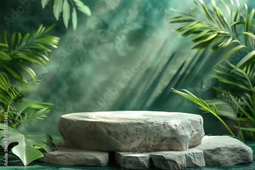 Cosmetic product pedestal mockup with tropical leaves and stone platform background.
