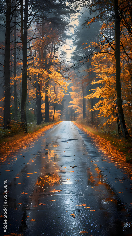 a road in the middle of the forest at fall