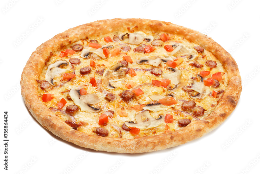 Delicious italian pizza with sausages, mushrooms, vegetables and cheese