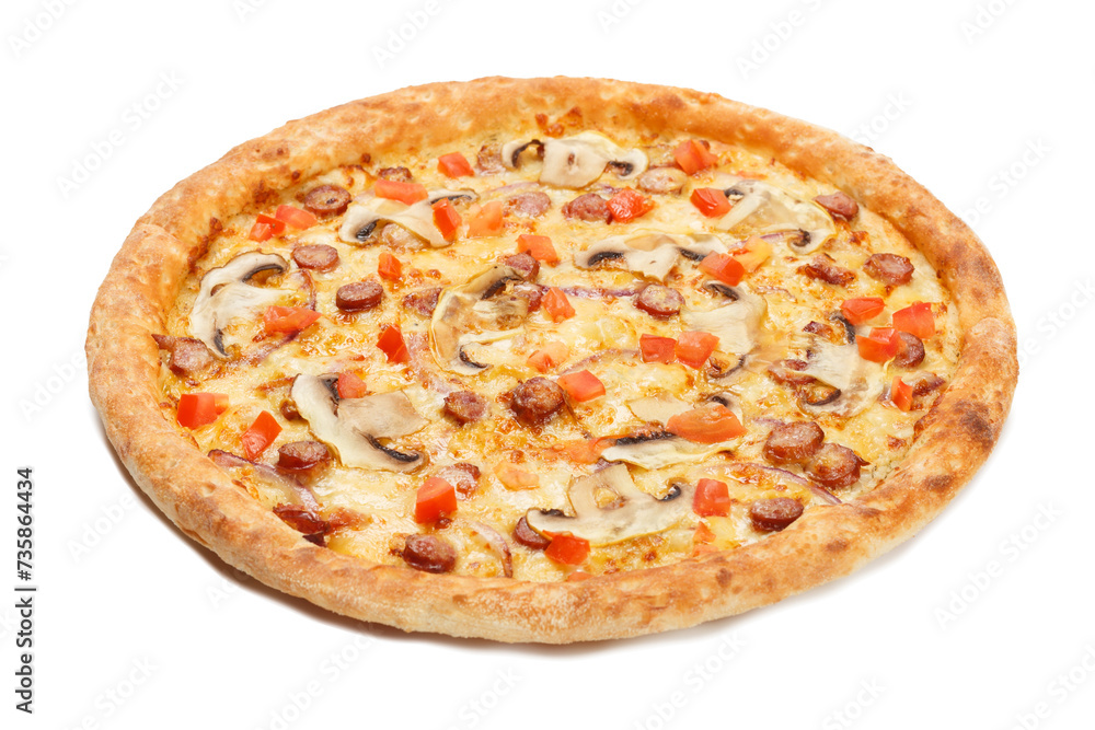 Delicious italian pizza with sausages, mushrooms, vegetables and cheese Delicious italian pizza with sausages, mushrooms, vegetables and cheese