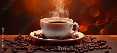 Close-up of a coffee cup on coffee beans with ample space for text, exuding the rich aroma and warmth of freshly brewed coffee, perfect for coffee shop promotions, beverage advertisements