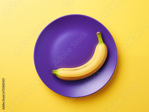 Fresh banana on purple plate. Yellow background.