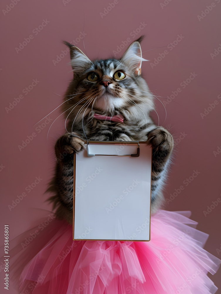Obraz premium a cat as a ballerina holding a blank clipboard