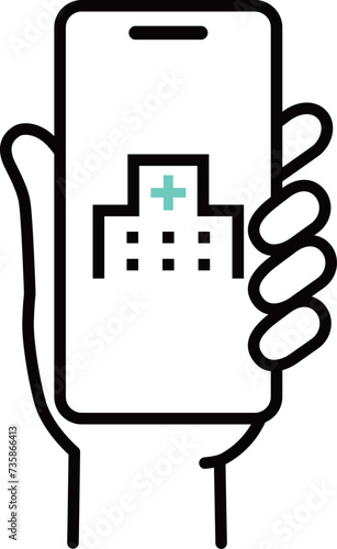 手に持ったスマートフォンと病院の医療アイコン