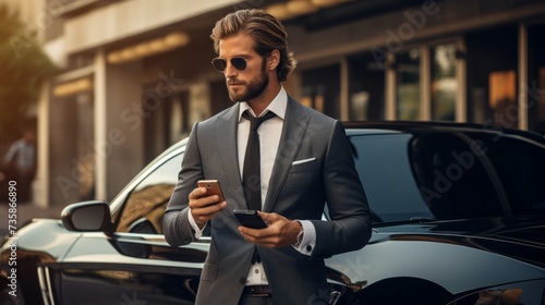 A handsome fashionable businessman wearing an expensive stylish suit and sunglasses stands with a phone in his hands near a luxury car. © liliyabatyrova