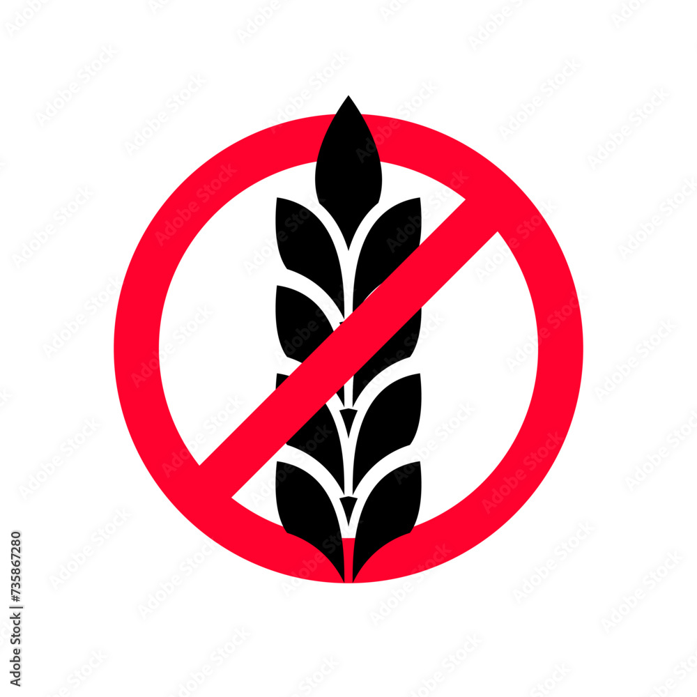 Free gluten icon. Red prohibition circle and spikelet of wheat. Symbol No Grain. Food allergy label or logo. Vector illustration flat design. Isolated on white background. Free gluten icon. Red prohibition circle and spikelet of wheat. Symbol No Grain. Food allergy label or logo. Vector illustration flat design. Isolated on white background.