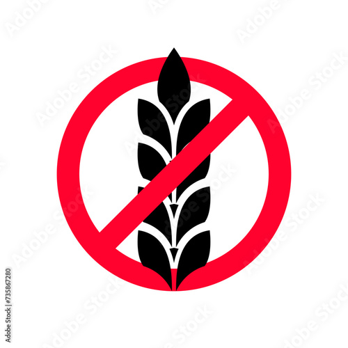 Free gluten icon. Red prohibition circle and spikelet of wheat. Symbol No Grain. Food allergy label or logo. Vector illustration flat design. Isolated on white background.