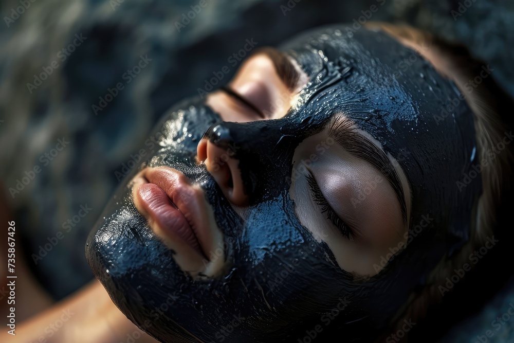 Charcoal Facial Mask on Woman Face, Black Clay Mask, Relaxing Face, Spa Skin Treatment