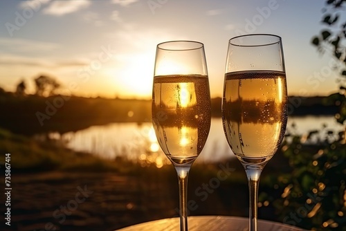 Toasting with Two Glasses of Champagne Against the Sunset Background , New Years Lighting