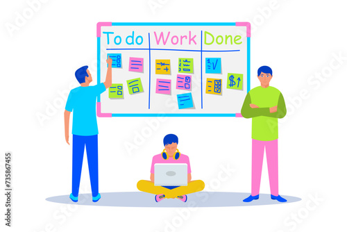 Kanban board with color sticky notes. People in process of completing tasks. Scrum Board. Todo list, in progress task and finished one. Work progress. Agile development. Vector. Project management.