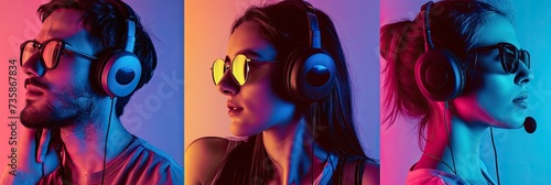 Neon Portraits, Emotional People Faces Collage, Young People Listen to Music with Headphones