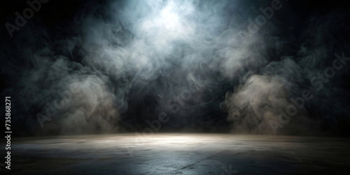 Dark Room Interior with Light and Grunge Texture and Vintage Wood Floor Amidst Smoke and Fog
