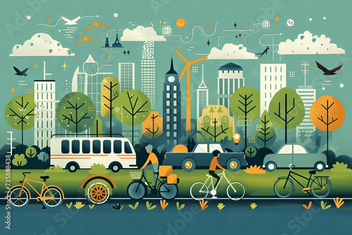 Città circondata da parchi e giardini, con strade con veicoli a zero emissioni photo
