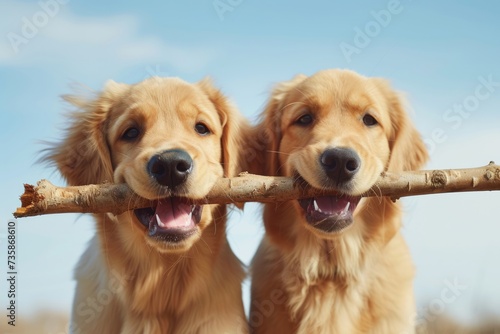 Due cuccioli di golden retriever di linea americana fissano divertiti la telecamera mentre afferrano un bastone di legno tra la bocca con sfondo cielo