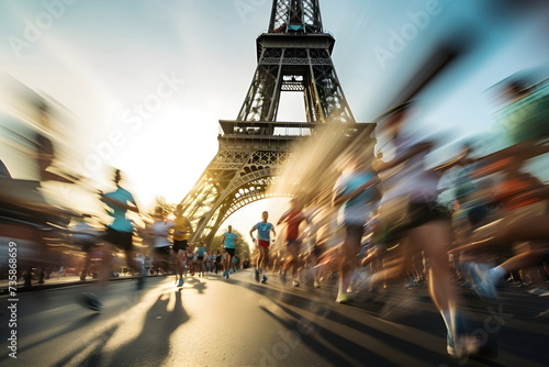 running people motion blur, Eiffel tower in background photo