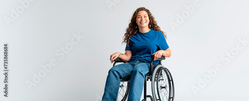 Banner of Young man smiling in wheelchair with copy space