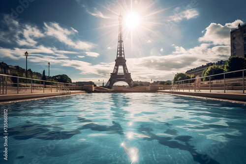 olympic games swimming pool in Paris, olympic games concept, Eiffel tower in background