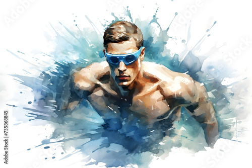 Painting graphic with splashing colors of a swimming man. Olympic games concept.