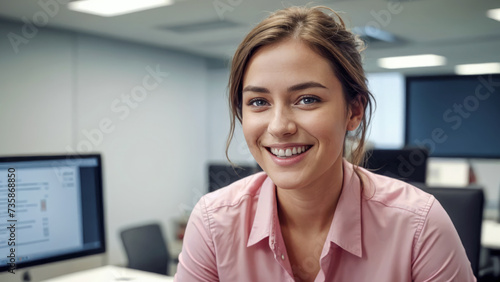 Portrait of a young smiling working woman in office with computers