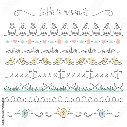 Easter seamless border collection, simple line, editable thickness, vector illustration