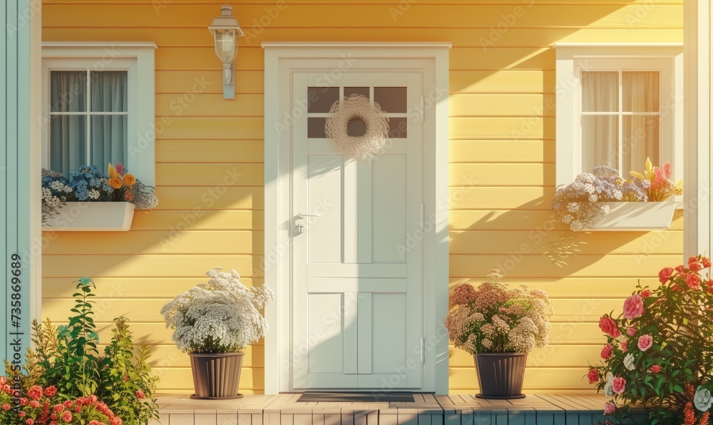 Beautifully decorated yellow walls and front porch or entryway of a house on sunny day and with blank white door for real estate sale - obrazy, fototapety, plakaty 