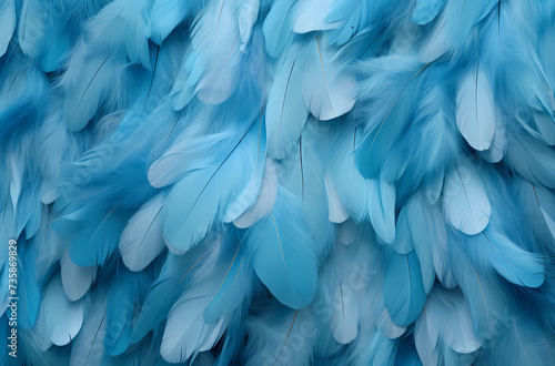 Delicate abstract background. Blue feathers, photo, styled in light body and light bronze, minimalistic, realistic and yet ethereal. Blue feathers for cover, brochure, notepad, background.