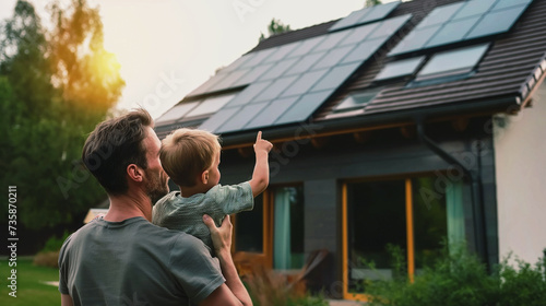 Father carrying son outdoors and pointing on solar panel on the roof