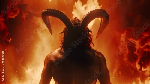Devil in hell, view back of Lucifer with horns standing against background of flame fire photo