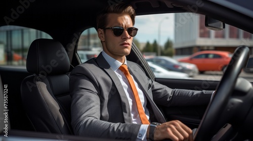 Close-up of an attractive elegant man in a business suit driving a car. A businessman is in a hurry for a business meeting. © liliyabatyrova