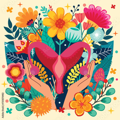 Hands Support Female Reproductive System Womb and Uterus.Care of Female Health.Help in Fertility. Stylized woman womb organ with flowers and plant.
